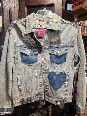 POL Boho Distressed Denim Jacket Heart Patchwork Aztec Western